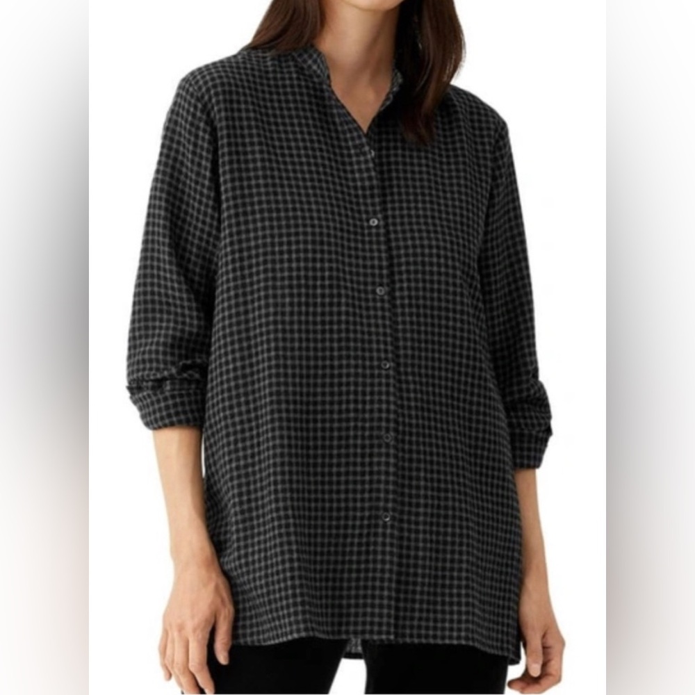 EILEEN FISHER Black Gray Check 100% Silk Band Collar Button Up Top Tunic PS 6/8P